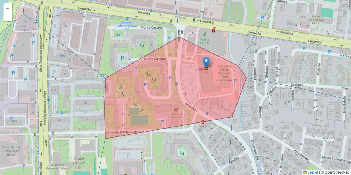 Szczegółowa mapa kodu pocztowego 35-305 z granicami, sąsiednimi kodami pocztowymi i urzędami pocztowymi