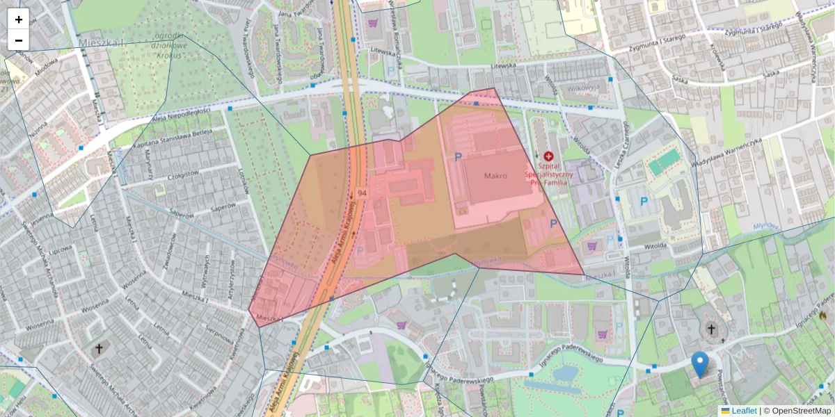 Szczegółowa mapa kodu pocztowego 35-307 z granicami, sąsiednimi kodami pocztowymi i urzędami pocztowymi