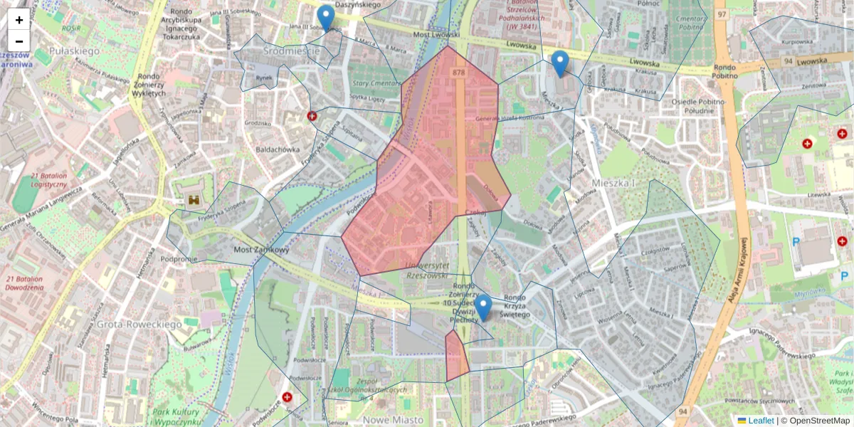 Szczegółowa mapa kodu pocztowego 35-310 z granicami, sąsiednimi kodami pocztowymi i urzędami pocztowymi