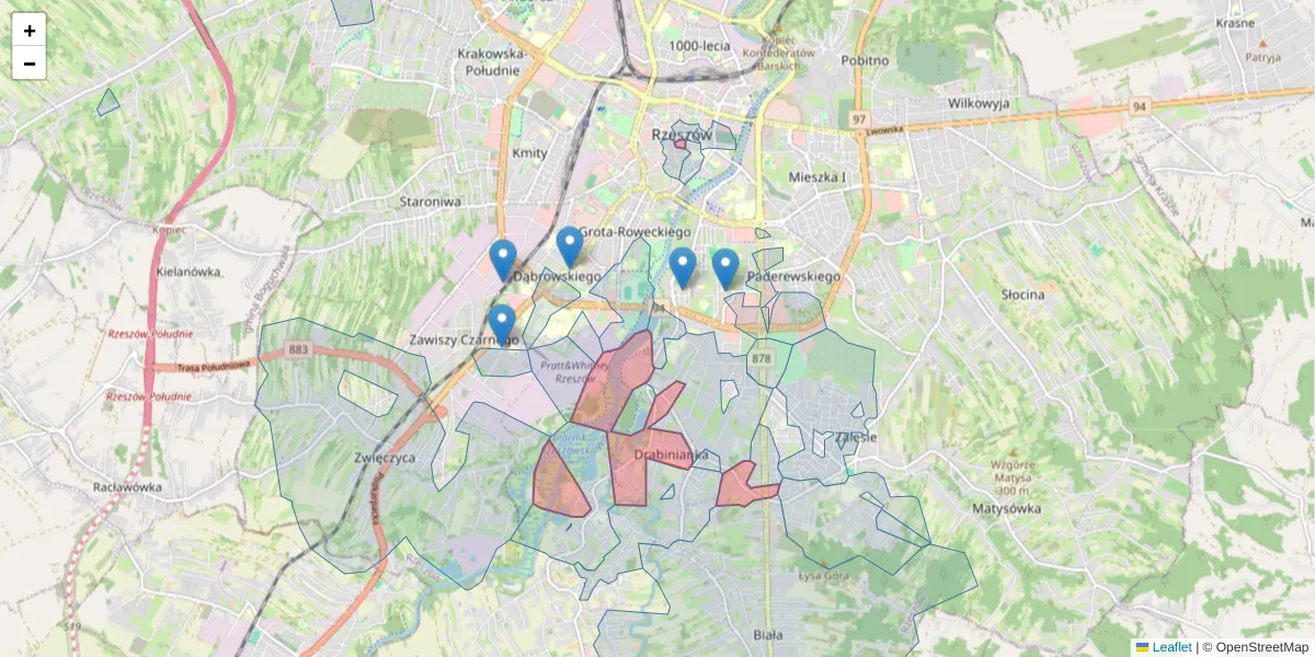 Szczegółowa mapa kodu pocztowego 35-312 z granicami, sąsiednimi kodami pocztowymi i urzędami pocztowymi
