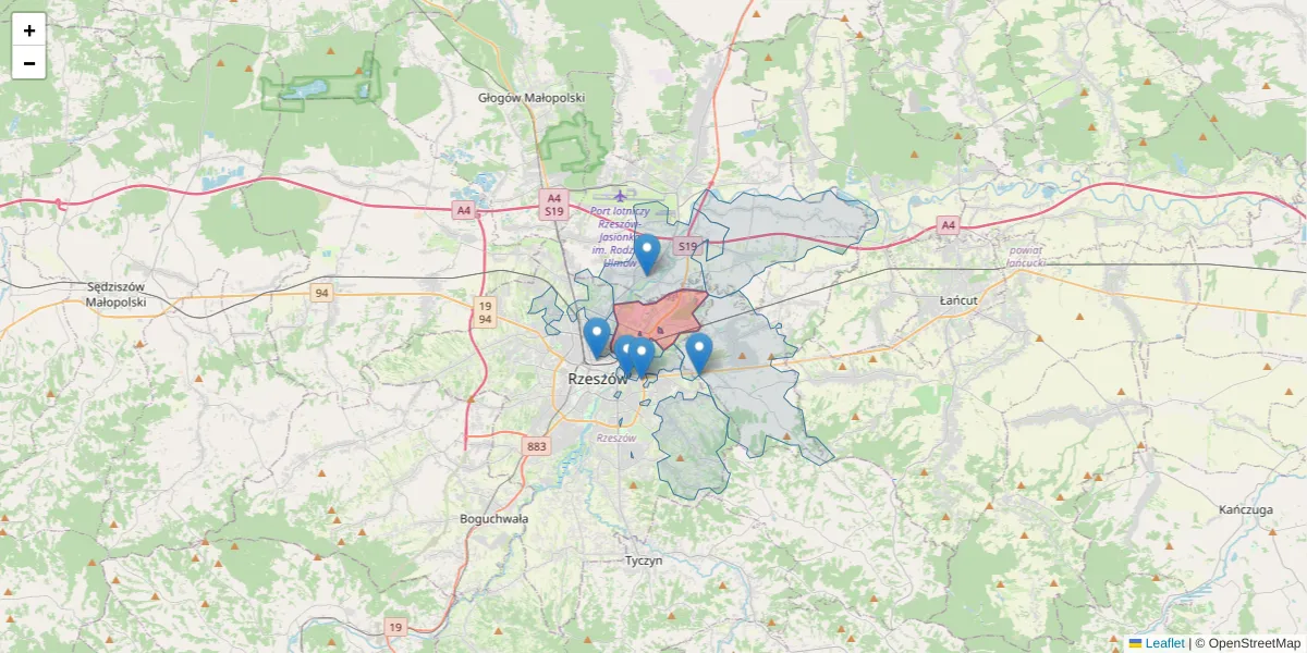 Szczegółowa mapa kodu pocztowego 35-322 z granicami, sąsiednimi kodami pocztowymi i urzędami pocztowymi