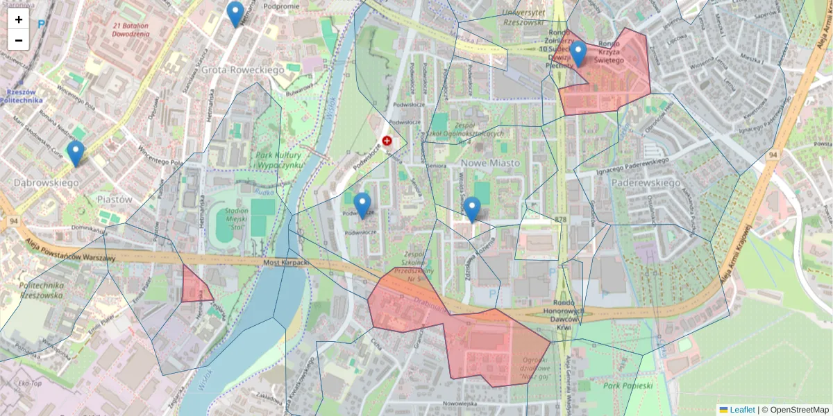 Szczegółowa mapa kodu pocztowego 35-329 z granicami, sąsiednimi kodami pocztowymi i urzędami pocztowymi