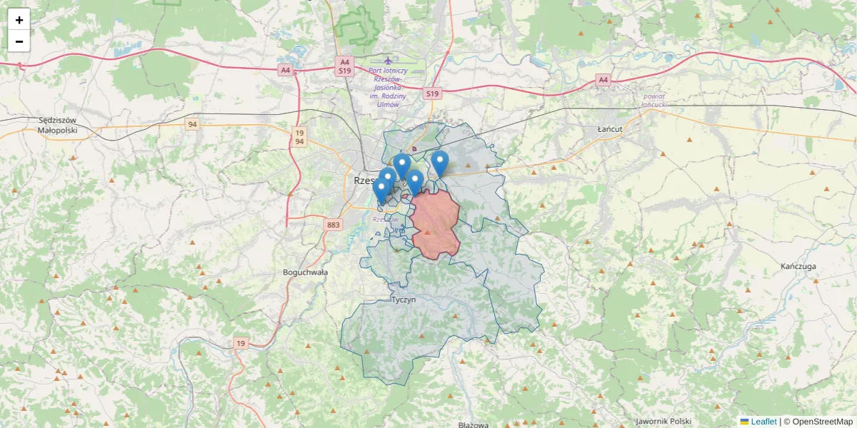 Szczegółowa mapa kodu pocztowego 35-330 z granicami, sąsiednimi kodami pocztowymi i urzędami pocztowymi