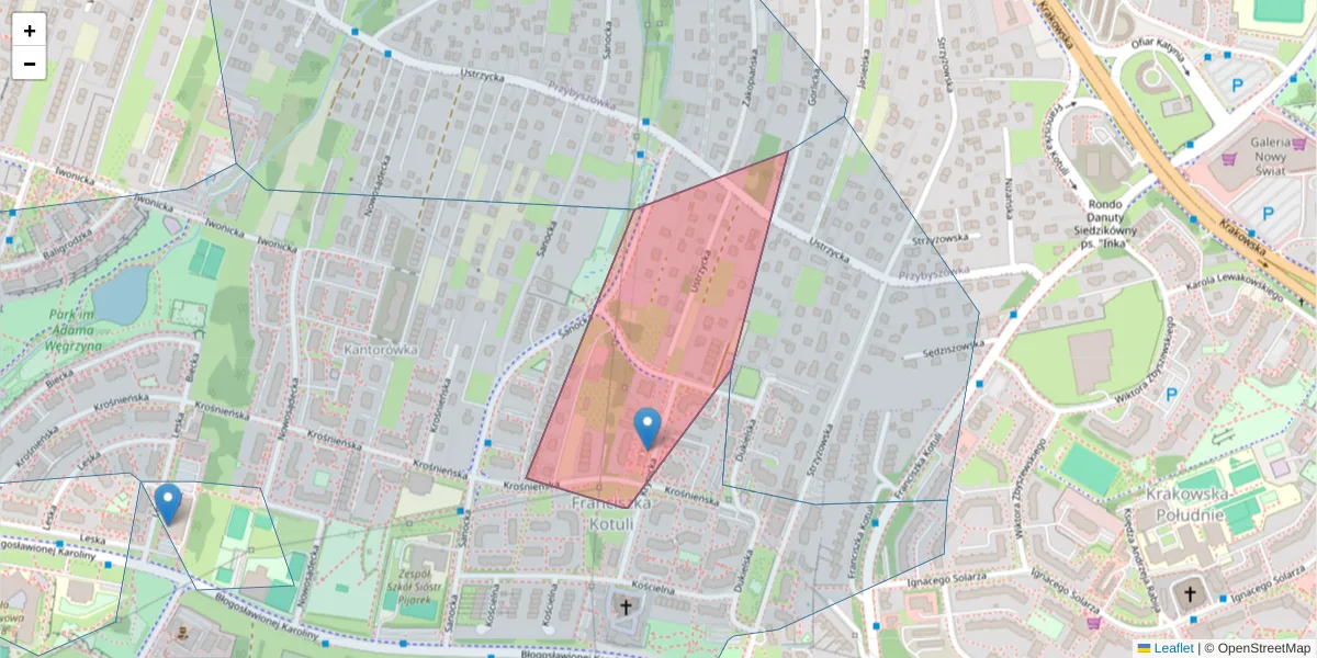 Szczegółowa mapa kodu pocztowego 35-501 z granicami, sąsiednimi kodami pocztowymi i urzędami pocztowymi