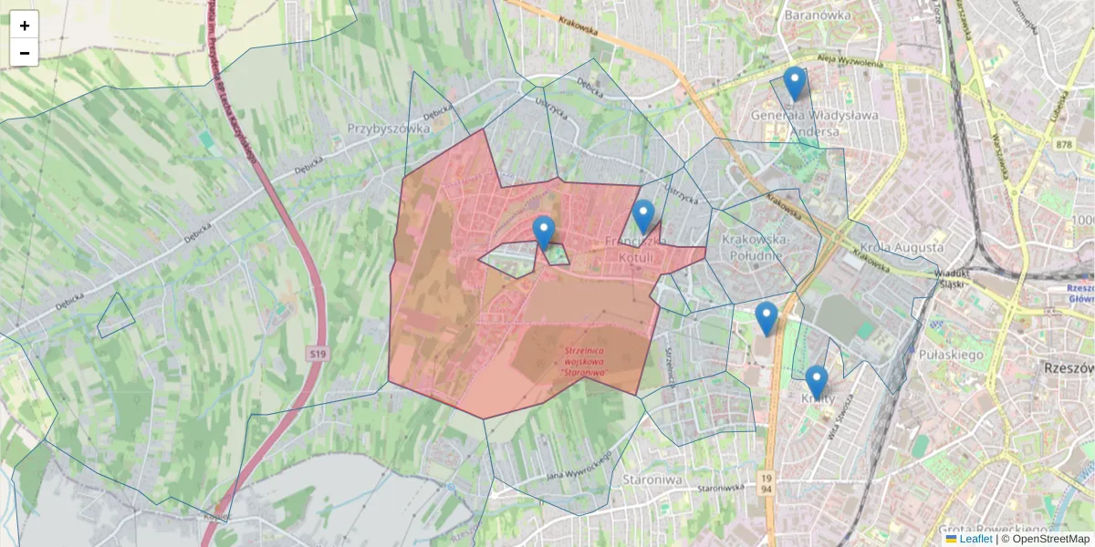 Szczegółowa mapa kodu pocztowego 35-505 z granicami, sąsiednimi kodami pocztowymi i urzędami pocztowymi