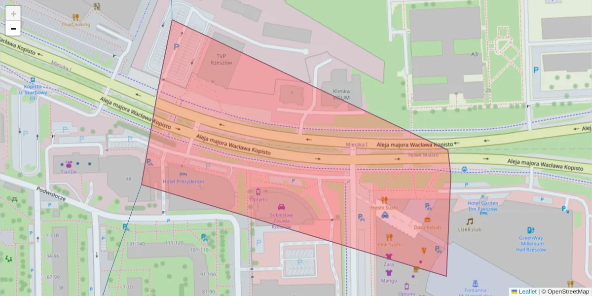 Szczegółowa mapa kodu pocztowego 35-515 z granicami, sąsiednimi kodami pocztowymi i urzędami pocztowymi