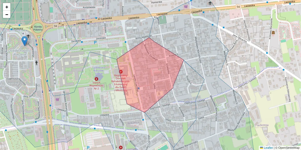 Szczegółowa mapa kodu pocztowego 35-630 z granicami, sąsiednimi kodami pocztowymi i urzędami pocztowymi