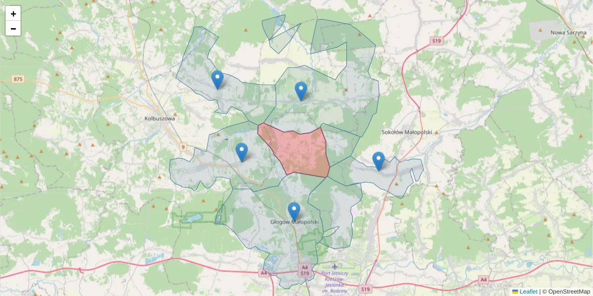 Szczegółowa mapa kodu pocztowego 36-003 z granicami, sąsiednimi kodami pocztowymi i urzędami pocztowymi