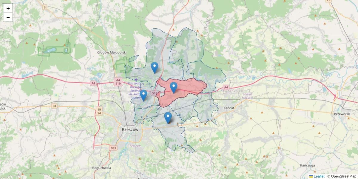 Szczegółowa mapa kodu pocztowego 36-004 z granicami, sąsiednimi kodami pocztowymi i urzędami pocztowymi