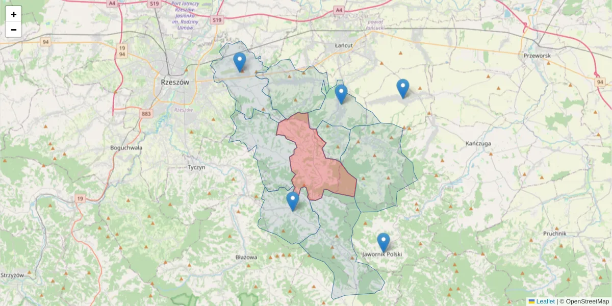 Szczegółowa mapa kodu pocztowego 36-017 z granicami, sąsiednimi kodami pocztowymi i urzędami pocztowymi