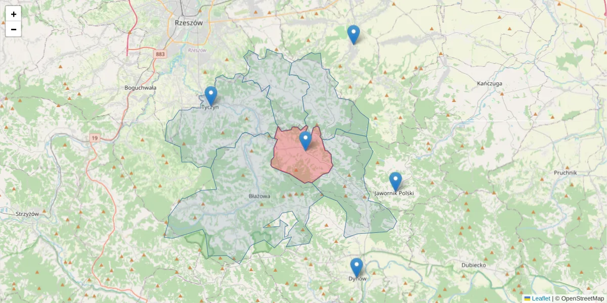 Szczegółowa mapa kodu pocztowego 36-024 z granicami, sąsiednimi kodami pocztowymi i urzędami pocztowymi