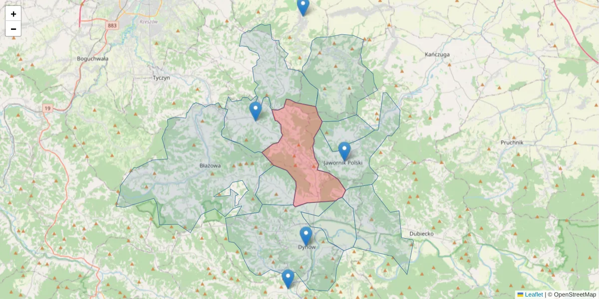 Szczegółowa mapa kodu pocztowego 36-025 z granicami, sąsiednimi kodami pocztowymi i urzędami pocztowymi