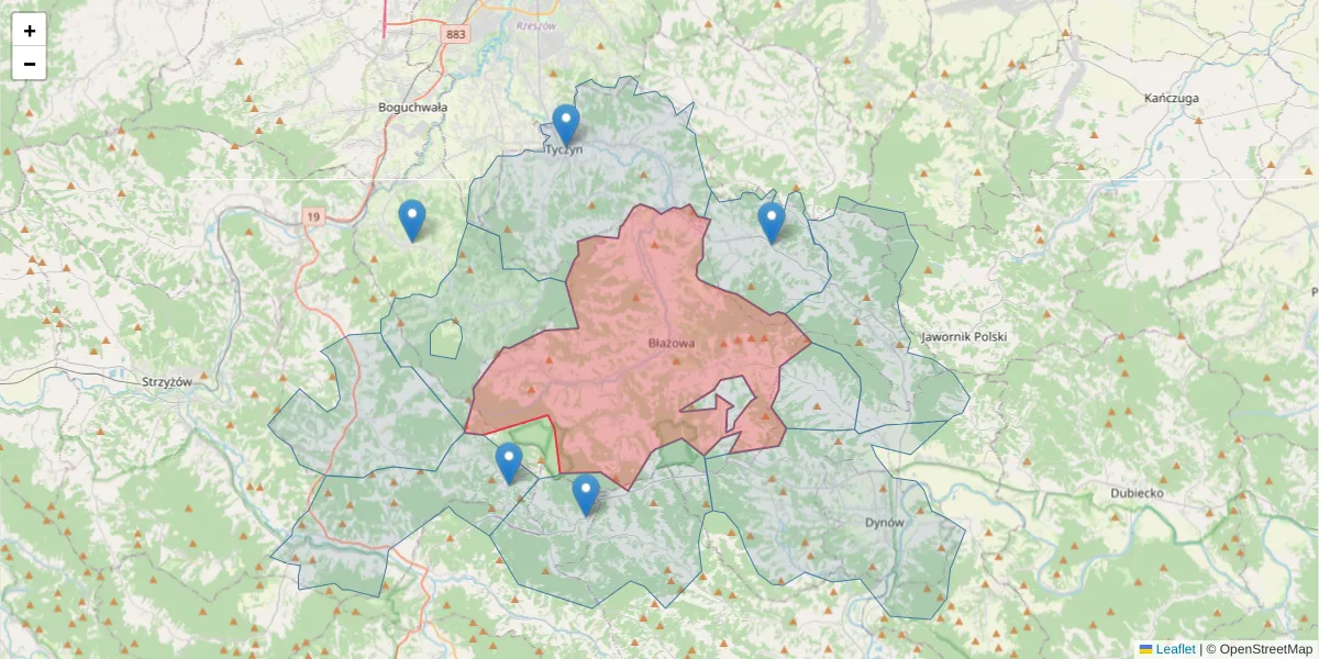 Szczegółowa mapa kodu pocztowego 36-030 z granicami, sąsiednimi kodami pocztowymi i urzędami pocztowymi