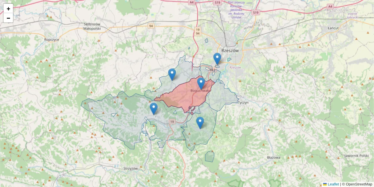 Szczegółowa mapa kodu pocztowego 36-040 z granicami, sąsiednimi kodami pocztowymi i urzędami pocztowymi