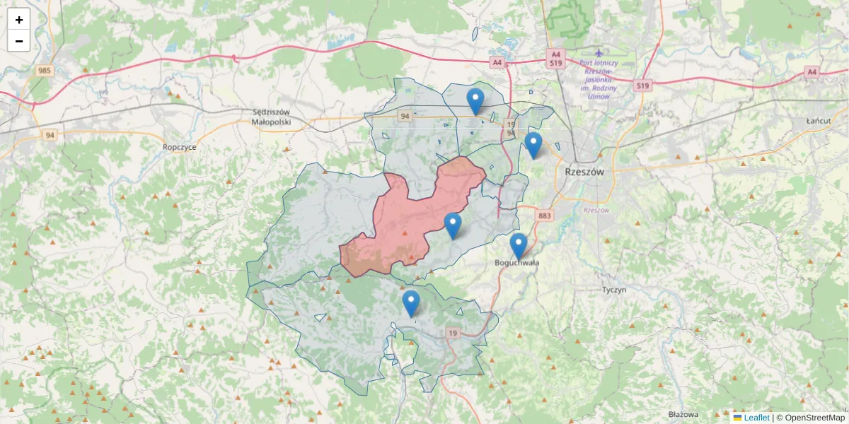 Szczegółowa mapa kodu pocztowego 36-046 z granicami, sąsiednimi kodami pocztowymi i urzędami pocztowymi