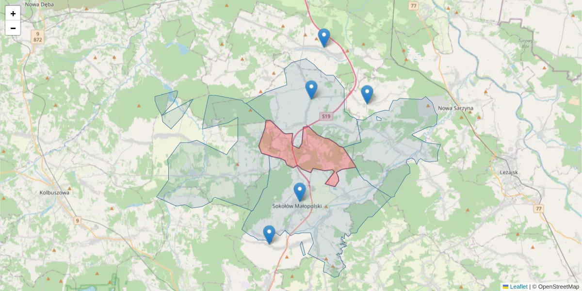 Szczegółowa mapa kodu pocztowego 36-051 z granicami, sąsiednimi kodami pocztowymi i urzędami pocztowymi