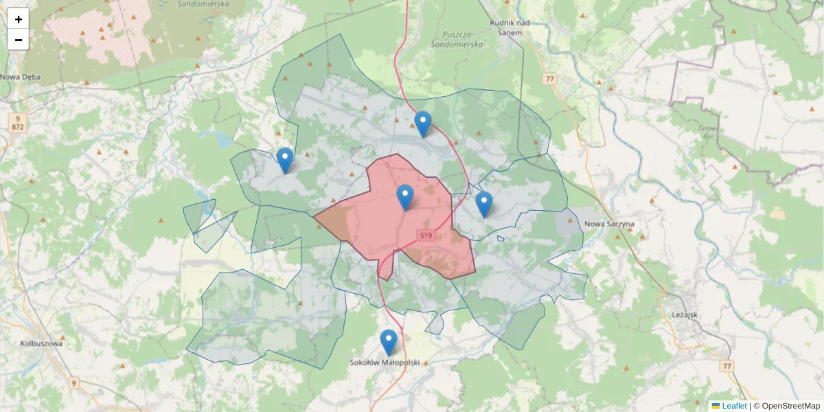 Szczegółowa mapa kodu pocztowego 36-053 z granicami, sąsiednimi kodami pocztowymi i urzędami pocztowymi