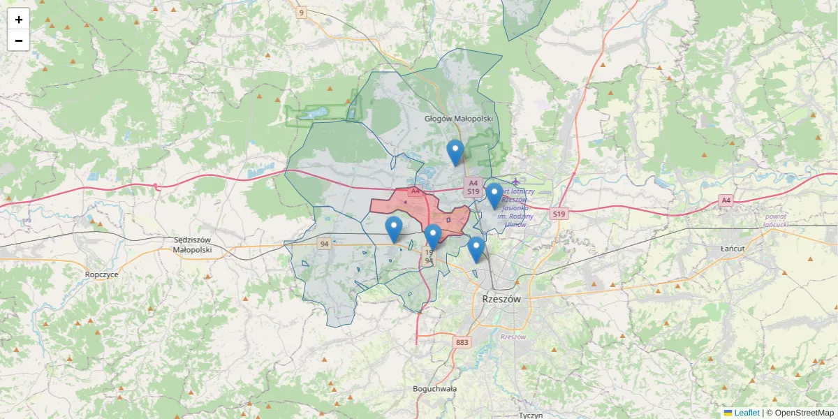 Szczegółowa mapa kodu pocztowego 36-054 z granicami, sąsiednimi kodami pocztowymi i urzędami pocztowymi
