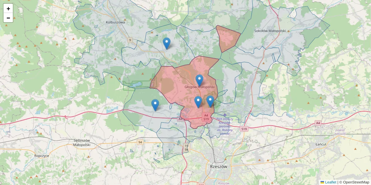 Szczegółowa mapa kodu pocztowego 36-060 z granicami, sąsiednimi kodami pocztowymi i urzędami pocztowymi