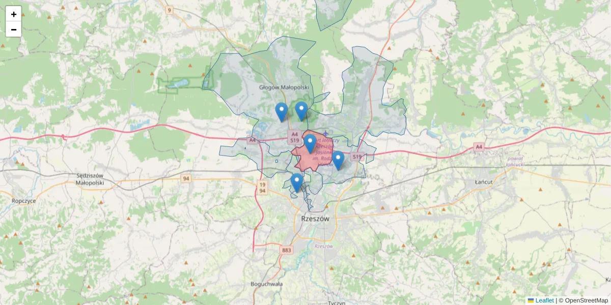 Szczegółowa mapa kodu pocztowego 36-062 z granicami, sąsiednimi kodami pocztowymi i urzędami pocztowymi