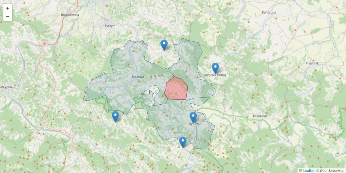 Szczegółowa mapa kodu pocztowego 36-067 z granicami, sąsiednimi kodami pocztowymi i urzędami pocztowymi