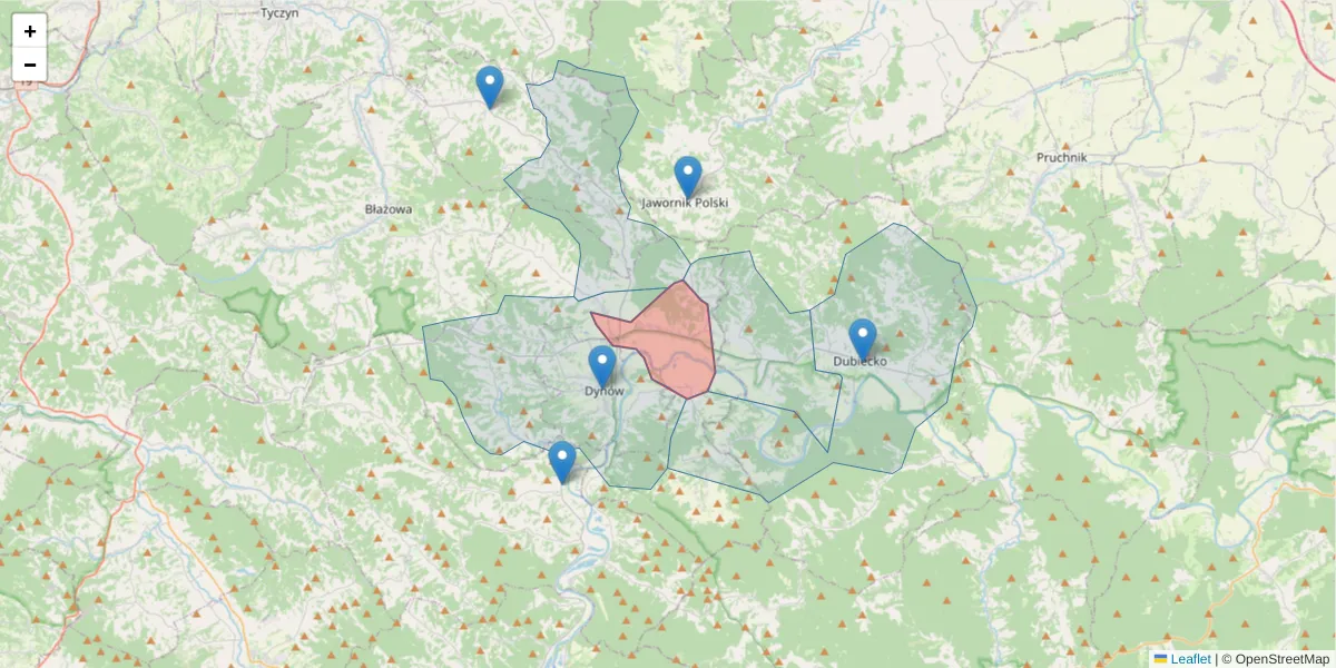 Szczegółowa mapa kodu pocztowego 36-068 z granicami, sąsiednimi kodami pocztowymi i urzędami pocztowymi