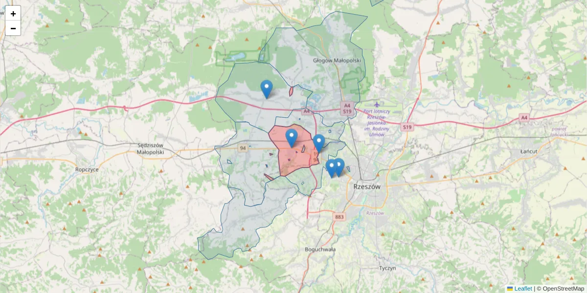 Szczegółowa mapa kodu pocztowego 36-072 z granicami, sąsiednimi kodami pocztowymi i urzędami pocztowymi