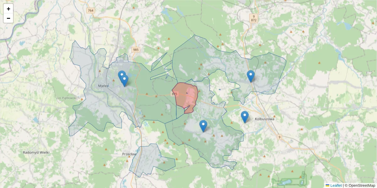 Szczegółowa mapa kodu pocztowego 36-107 z granicami, sąsiednimi kodami pocztowymi i urzędami pocztowymi
