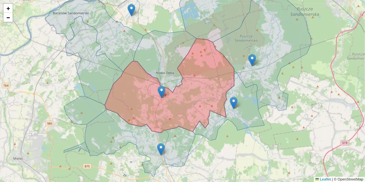 Szczegółowa mapa kodu pocztowego 36-110 z granicami, sąsiednimi kodami pocztowymi i urzędami pocztowymi