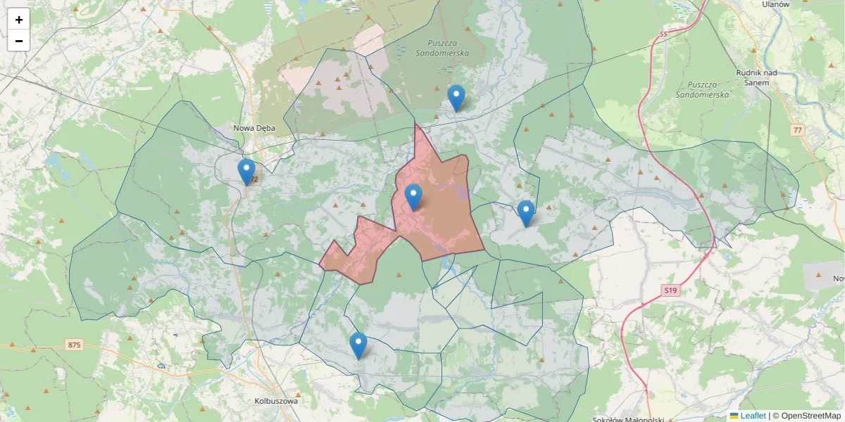 Szczegółowa mapa kodu pocztowego 36-121 z granicami, sąsiednimi kodami pocztowymi i urzędami pocztowymi