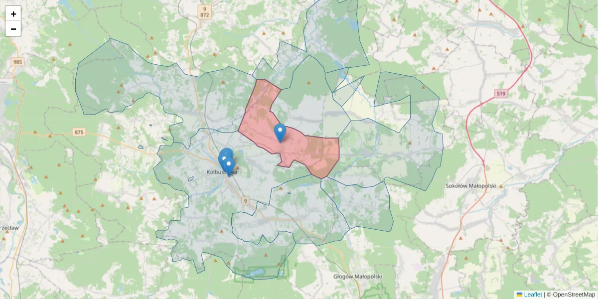 Szczegółowa mapa kodu pocztowego 36-122 z granicami, sąsiednimi kodami pocztowymi i urzędami pocztowymi