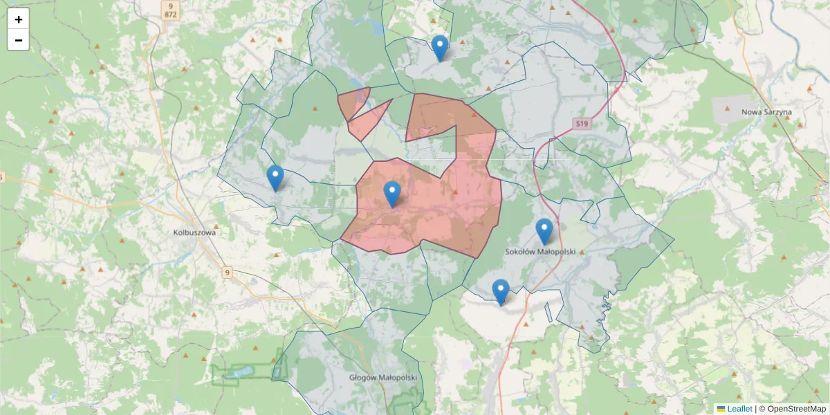 Szczegółowa mapa kodu pocztowego 36-130 z granicami, sąsiednimi kodami pocztowymi i urzędami pocztowymi