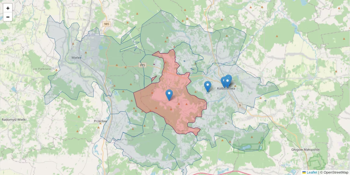 Szczegółowa mapa kodu pocztowego 36-147 z granicami, sąsiednimi kodami pocztowymi i urzędami pocztowymi