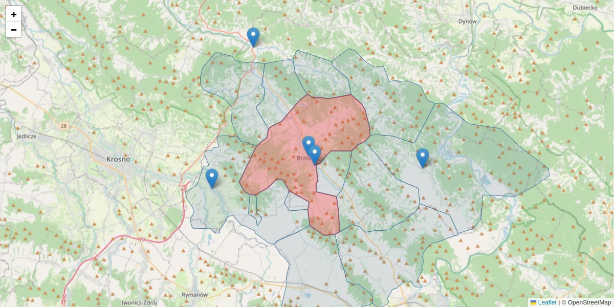 Szczegółowa mapa kodu pocztowego 36-200 z granicami, sąsiednimi kodami pocztowymi i urzędami pocztowymi