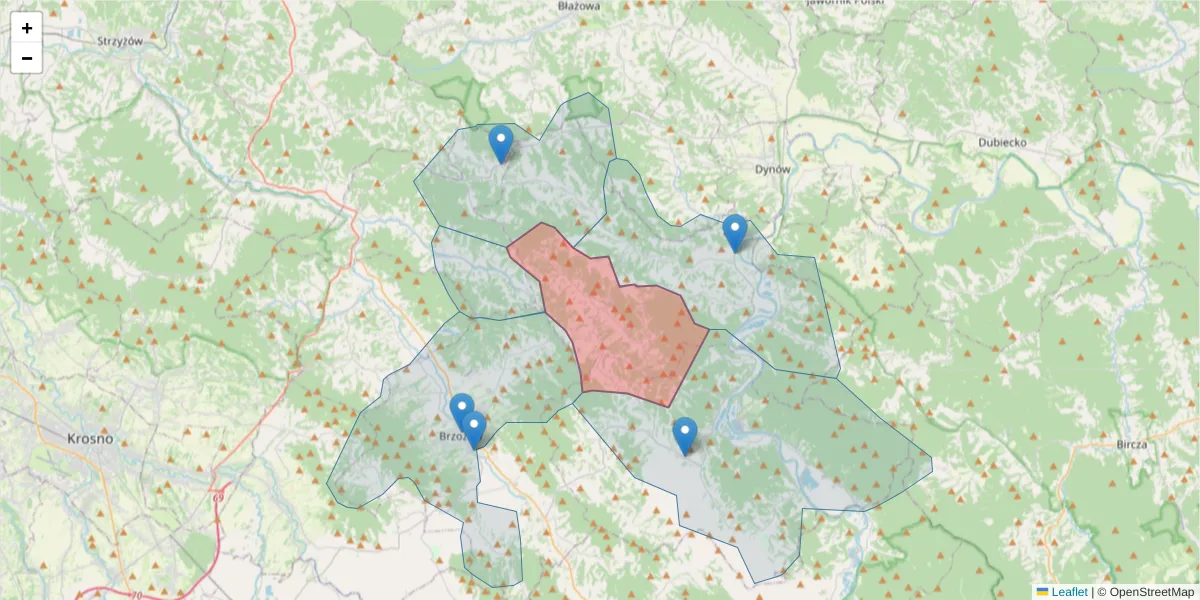 Szczegółowa mapa kodu pocztowego 36-203 z granicami, sąsiednimi kodami pocztowymi i urzędami pocztowymi