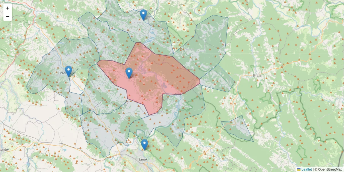 Szczegółowa mapa kodu pocztowego 36-204 z granicami, sąsiednimi kodami pocztowymi i urzędami pocztowymi