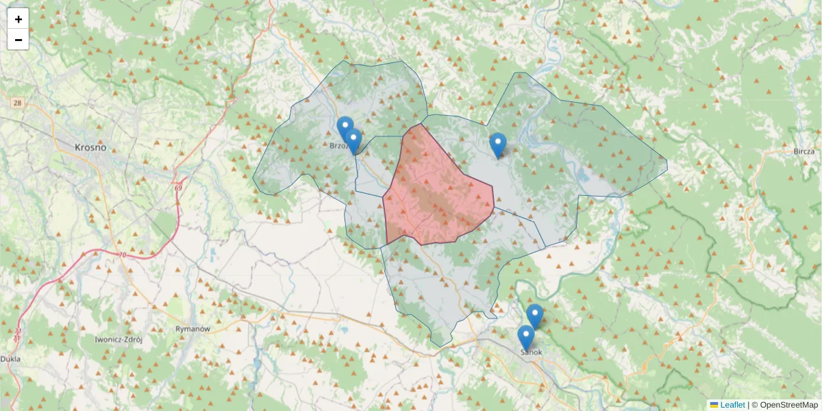 Szczegółowa mapa kodu pocztowego 36-207 z granicami, sąsiednimi kodami pocztowymi i urzędami pocztowymi
