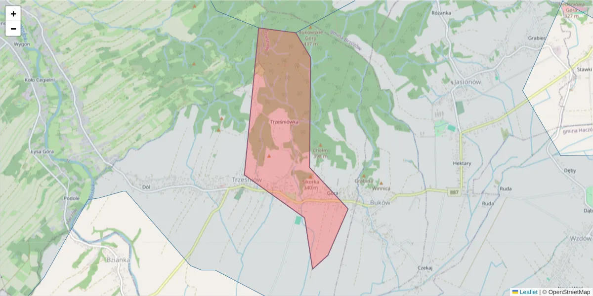 Szczegółowa mapa kodu pocztowego 36-212 z granicami, sąsiednimi kodami pocztowymi i urzędami pocztowymi