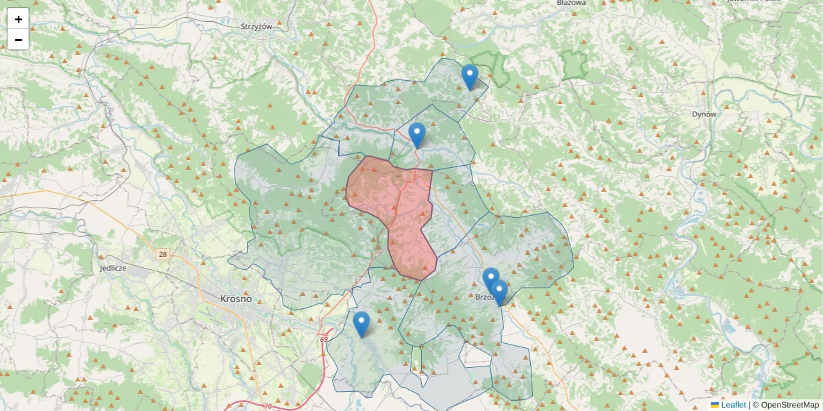 Szczegółowa mapa kodu pocztowego 36-220 z granicami, sąsiednimi kodami pocztowymi i urzędami pocztowymi