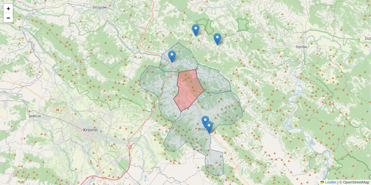 Szczegółowa mapa kodu pocztowego 36-221 z granicami, sąsiednimi kodami pocztowymi i urzędami pocztowymi