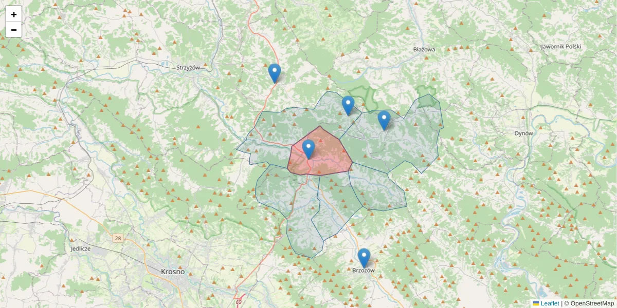 Szczegółowa mapa kodu pocztowego 36-230 z granicami, sąsiednimi kodami pocztowymi i urzędami pocztowymi