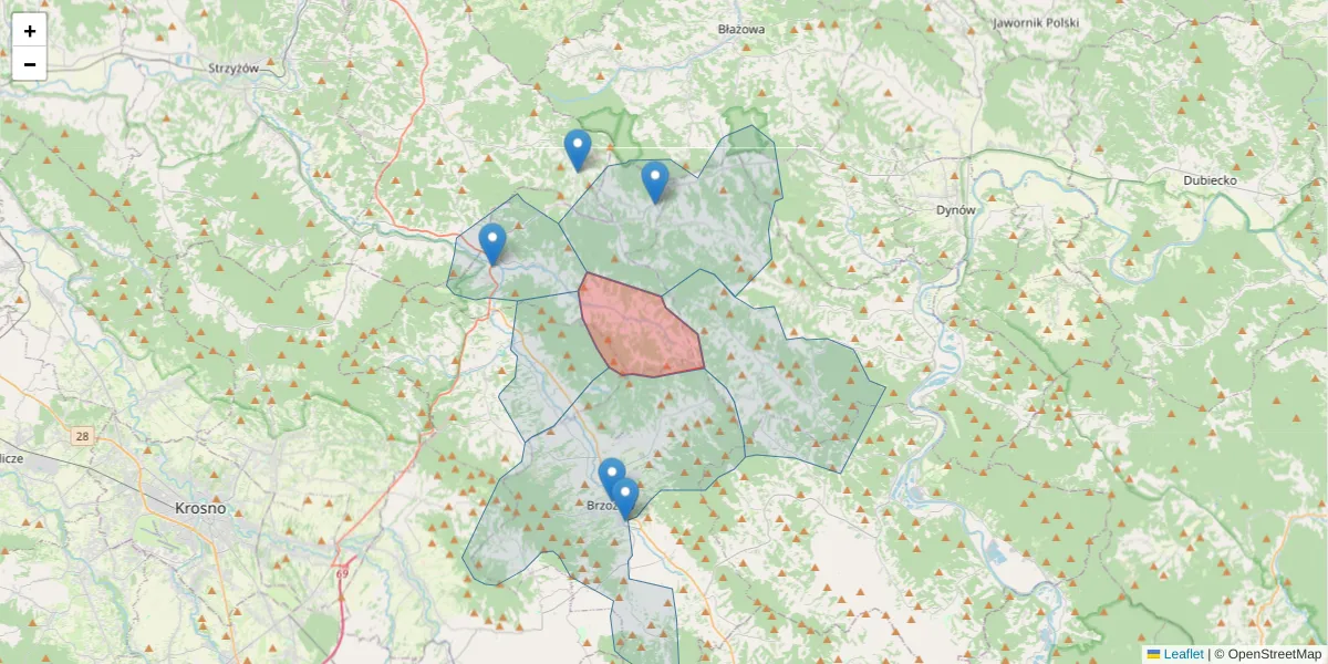 Szczegółowa mapa kodu pocztowego 36-231 z granicami, sąsiednimi kodami pocztowymi i urzędami pocztowymi