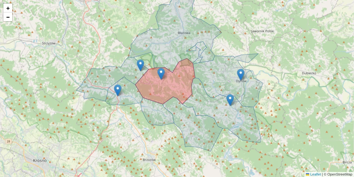Szczegółowa mapa kodu pocztowego 36-233 z granicami, sąsiednimi kodami pocztowymi i urzędami pocztowymi