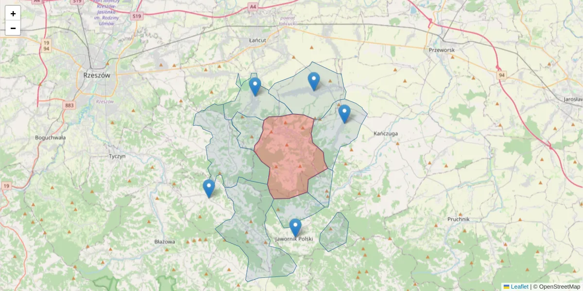 Szczegółowa mapa kodu pocztowego 37-121 z granicami, sąsiednimi kodami pocztowymi i urzędami pocztowymi