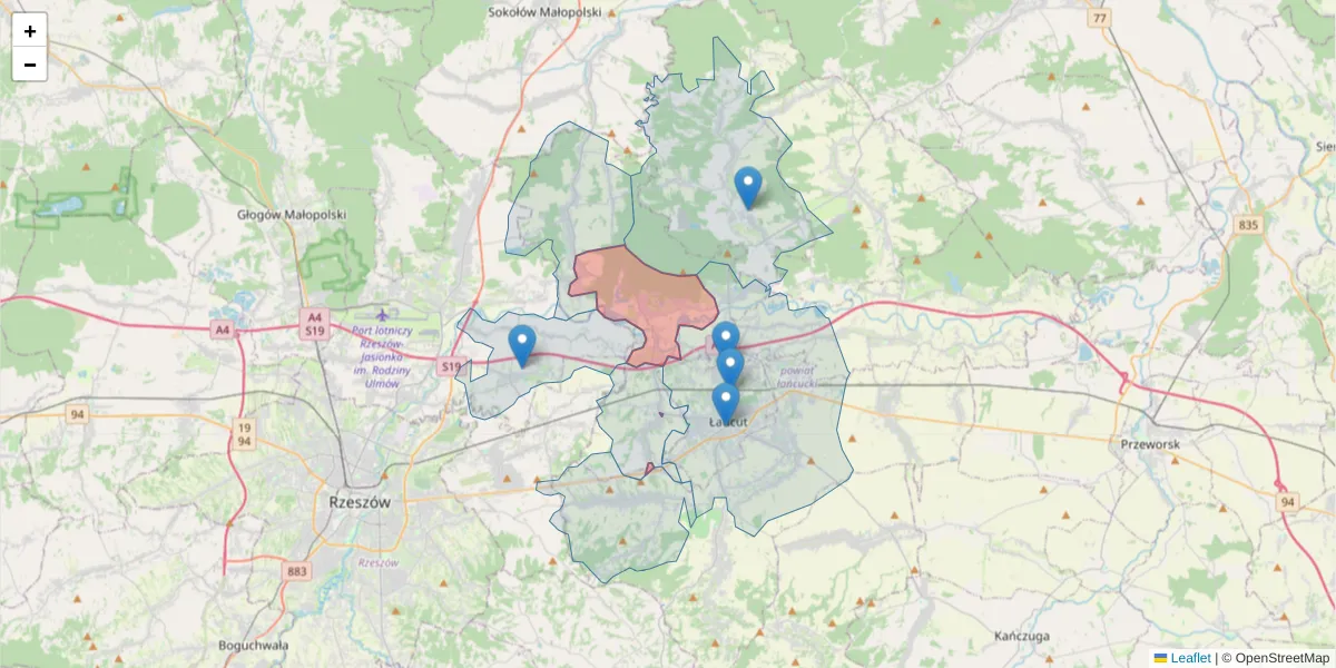 Szczegółowa mapa kodu pocztowego 37-125 z granicami, sąsiednimi kodami pocztowymi i urzędami pocztowymi