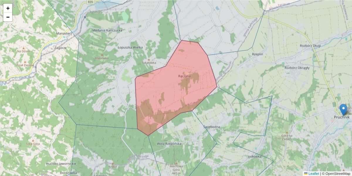 Szczegółowa mapa kodu pocztowego 37-223 z granicami, sąsiednimi kodami pocztowymi i urzędami pocztowymi