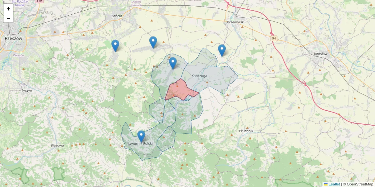 Szczegółowa mapa kodu pocztowego 37-225 z granicami, sąsiednimi kodami pocztowymi i urzędami pocztowymi