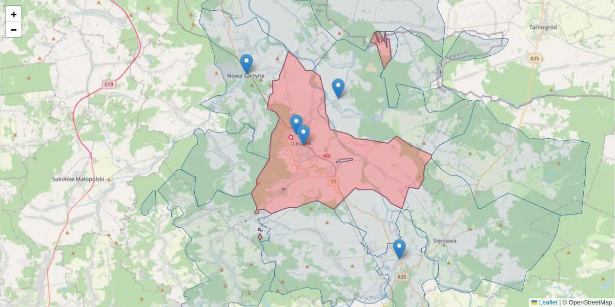 Szczegółowa mapa kodu pocztowego 37-300 z granicami, sąsiednimi kodami pocztowymi i urzędami pocztowymi