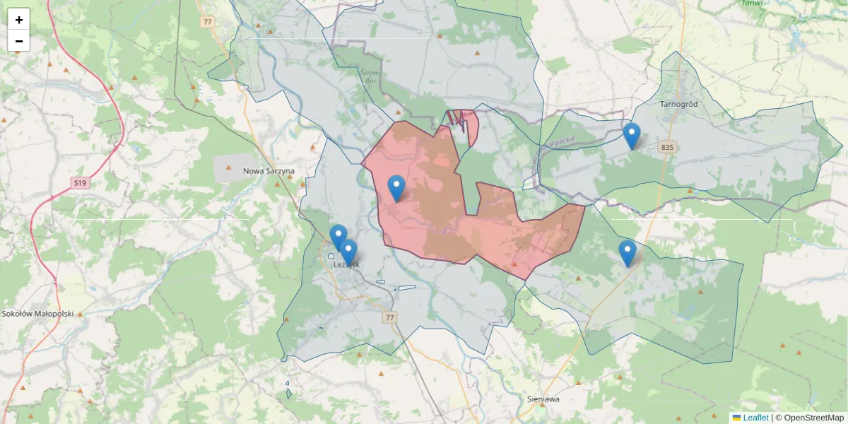 Szczegółowa mapa kodu pocztowego 37-303 z granicami, sąsiednimi kodami pocztowymi i urzędami pocztowymi