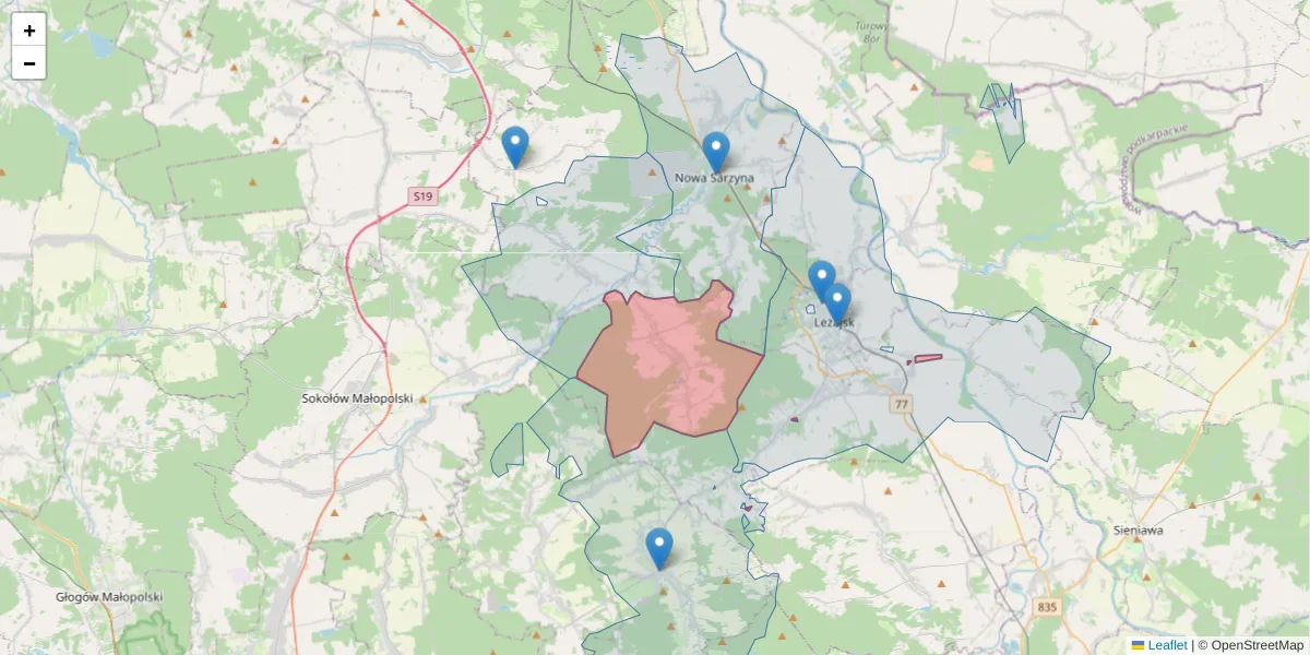Szczegółowa mapa kodu pocztowego 37-307 z granicami, sąsiednimi kodami pocztowymi i urzędami pocztowymi
